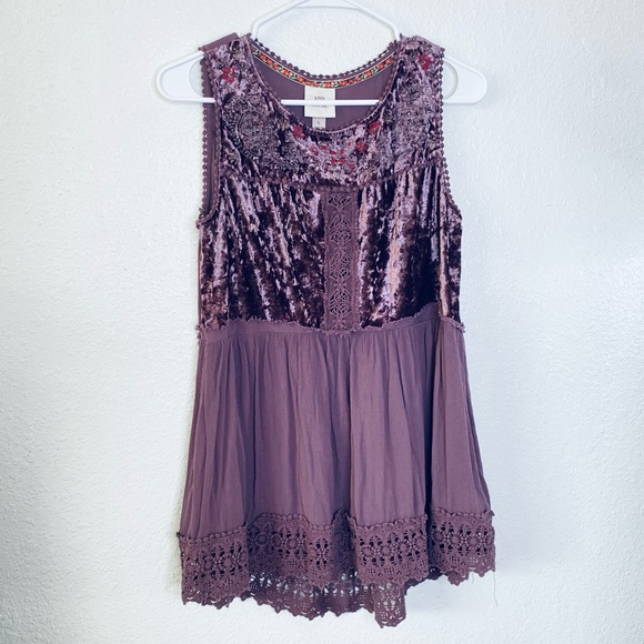 Knox Rose Tops - Knox Rose Boho Lace Trim Crushed Velvet Floral Embroidered Tank Top Large